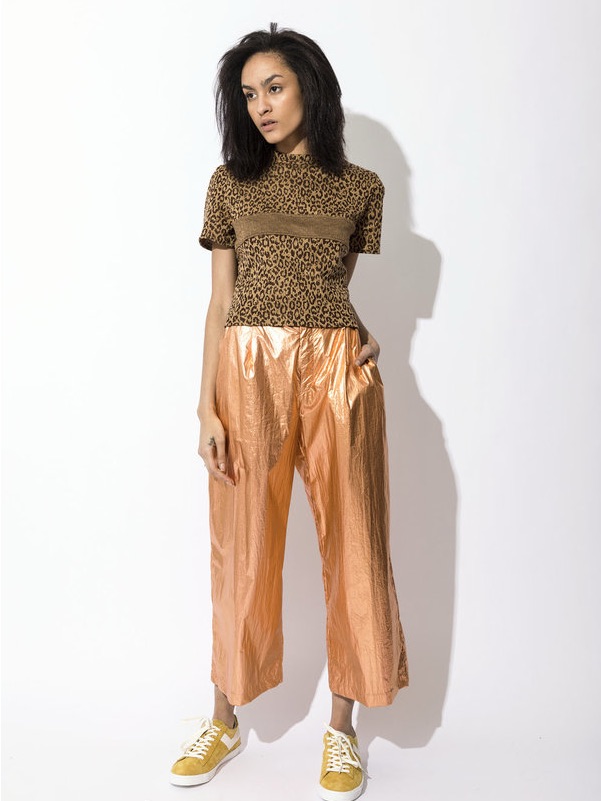 Women's Metallic Orange Wide-Leg Pants